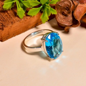 <b>Blue</b> Topaz Brass <b>Ring</b> Oval Cut Gemstone Handmade Silver Plated Statement <b>Ring</b> Women Jewelry October Birthstone - Product Image 3