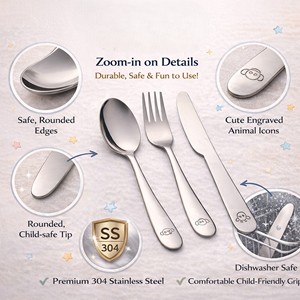 Juego de Cubiertos para Niños de Acero Inoxidable, Libre de BPA, Cuchara, Tenedor y Cuchillo |   Vajilla Duradera, Ecológica y Resistente a la Oxidación |   Plata - Product Image 6