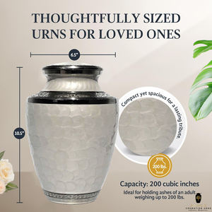 Urne funéraire en métal finition perle blanche pour cendres humaines |   Urne funéraire élégante pour adultes avec bandes argentées |   Fournisseur d'urnes funéraires - Product Image 4