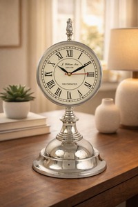 Traditional Metal Desk <b>Clock</b> Circular Silent Jumping Movement Quartz Hourly Chiming Needle Display <b>White</b> Ceramic Base Gold - Product Image 5