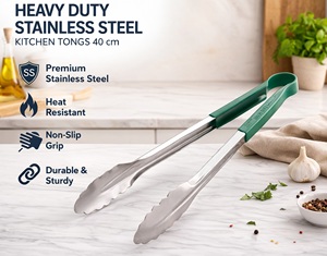 Stainless Steel Polished Heavy Duty Kitchen Tongs 30 cm Heat Resistant Green Handle | Multipurpose Smokers <b>BBQ</b> Camping Serving - Product Image 1