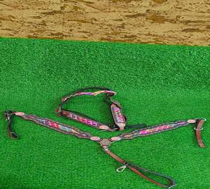 Horse tack western breast collar <b>leather</b> chest <b>harness</b> concho studded bead design adjustable strap riding halter gear set - Product Image 3