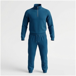 Ensemble de survêtement bleu pour homme, manches longues, col montant semi-zippé, couleur unie, respirant, coupe décontractée, idéal pour l'automne - Product Image 1