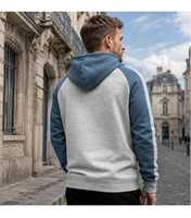 Sweat à capuche tricoté en molleton bicolore 300g pour homme, avec fermeture éclair, blocs de couleur, poches et cordon de serrage, style décontracté et sportif, écoresponsable