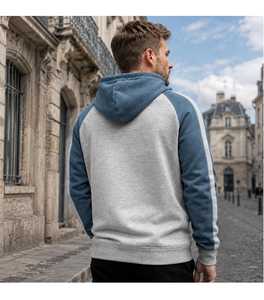 Sweat à capuche tricoté en molleton bicolore 300g pour homme, avec fermeture éclair, blocs de couleur, poches et cordon de serrage, style décontracté et sportif, écoresponsable - Product Image 2