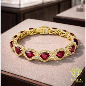 Lab Grown Diamond 925 <b>Sterling</b> <b>Silver</b> Red <b>Heart</b> Gemstone <b>Bracelet</b> Elegant Gold Finish Jewelry For Retailers - Product Image 2