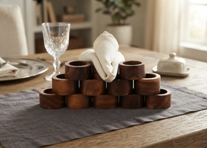 Anneaux de serviette en bois d'acacia faits à la main, écologiques et durables, pour la décoration de table de mariage, de fête, d'hôtel, de restaurant – Ensemble disponible - Product Image 3