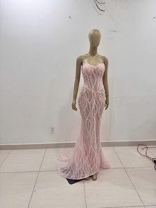 Robe de mariée rose clair longue jusqu'au sol, col en V, manches longues, dos lacé, perles de cristal, silhouette sirène-trompette, grande taille - Product Image 2