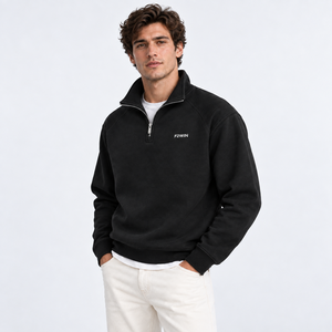 <b>Men's</b> <b>Black</b> Quarter Zip Fleece Sweatshirt Regular Fit Stand Collar Casual Solid Color Heat Transfer Logo Front wholesale - Product Image 4