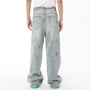 Men's Wide Leg Denim Jeans High Waist Loose Fit Sand Washed Tie Dye Dot Pattern Streetwear Style Summer Cotton Fabric - Product Image 2