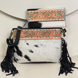 ชุดสองชิ้นกระเป๋าหนังสะพายข้างมีพู่ทำจากหนังวัวเป็นเครื่องมือทำมือ - Product Image 5