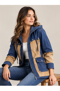 Denim Hooded Jacket for Women Blue Tan Vintage Winter Utility Jacket Contrast Panels Zip Front Casual Distressed Wash - Product Image 1