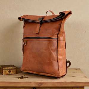 Waterproof <b>Leather</b> Roll Top <b>Backpack</b> Mens Laptop Rucksack Genuine Cowhide Travel Bag Low MOQ Custom Logo LTBP-0036 - Product Image 5