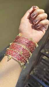 Gold Plated Glass Kashmiri Bangles with Emerald Cut Pearl Detailing Trendy Bridal & Wedding Occasion Wear - Product Image 2