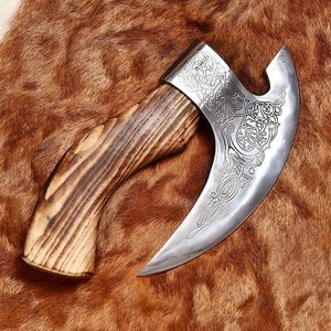 Hacha Tomahawk con hoja de acero forjado, cortador de pizza, hacha de supervivencia con mango de madera de fresno, cabeza con diseño decorativo. - Product Image 5