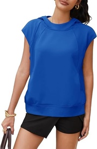 Sudadera con capucha de manga corta para mujer, top informal de punto de algodón de color liso con bolsillos, azul - Product Image 2
