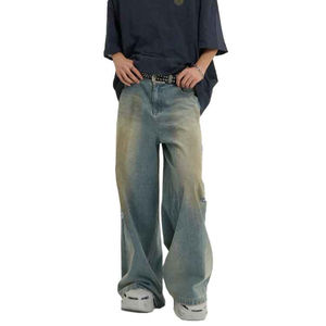 Pantalones Vaqueros Personalizados al por Mayor para Hombre, Diseño Bicolor con Empalmes, Estilo Vintage Oscuro Desgastado, Ecológicos, de Cintura Media, Pierna Ancha, Estilo Urbano, 100% - Product Image 2