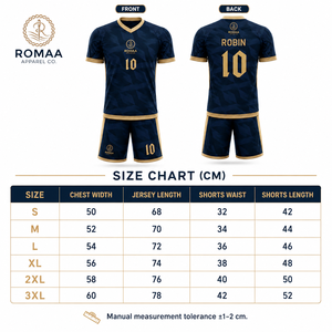 Conjunto de Camiseta y Pantalones Cortos de Fútbol Personalizados en Azul Marino Oscuro y Dorado, Cuello en V, Uniforme de Fútbol Sublimado con Patrón Geométrico, Conjunto de Camiseta de Fútbol OEM - Product Image 6