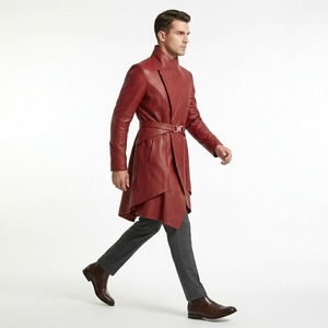 <b>Men's</b> Red Genuine <b>Leather</b> <b>Trench</b> <b>Coat</b> Stand Collar Long Slim Overcoat With Adjustable Belt - Product Image 3