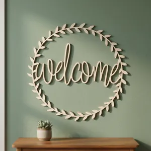Encantadora Letrero de Bienvenida Blanco con Escritura Cursiva Dentro de un Marco de Corona de Hojas, Arte de Pared Moderno y Minimalista para Decoración del Hogar - Product Image 5