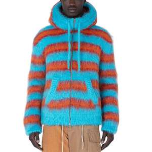 High Quality Custom mohair hoodie Oversized Thick Fuzzy Wool Blend Stripe Knitted <b>Zip</b> <b>up</b> Mohair Hoodies - Product Image 1