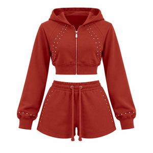 Ensemble short et sweat à capuche zippé court en molleton 350 GSM personnalisé avec poignets côtelés pour les marques de mode féminine - Product Image 4