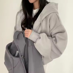 Sudadera con Capucha y Cremallera para Mujer, Estilo Oversize, Color Sólido, Informal, para Otoño, Tejido French Terry, Manga Regular, 2027 - Product Image 3