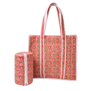 Bolsa de tela con cremallera ecológica con estampado floral de Jaipur + Set de 3 neceseres de algodón acolchado para viajes de verano, regalos y compras - Product Image 1