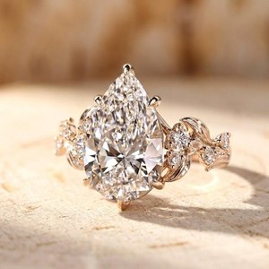 Bague de mariage en or massif 10K 14K 18K avec diamant de laboratoire certifié IGI, couleur DEF, clarté VS VVS, taille poire et ronde, motif feuille - Product Image 1