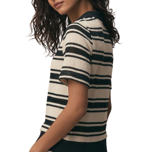 Women's <b>Black</b> Ecru Stripe Knitlook Short Sleeve Sweet for Shirts Casual Lightweight Knitted <b>Top</b> Daily Smart Wear Trendy - Product Image 2