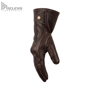 Custom Vintage Dark Brown Leather Motorcycle Gauntlet Gloves Contrast Stitching Knuckle Biker Gloves Extended Cuff Snap Wrist - Product Image 4