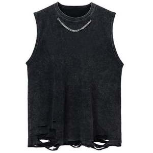 Men's <b>Black</b> Washed Sleeveless Tank Top With Chain Decoration Street Style O-Neck <b>Knitted</b> Cotton <b>Vest</b> Cotton Workout Fitness - Product Image 1