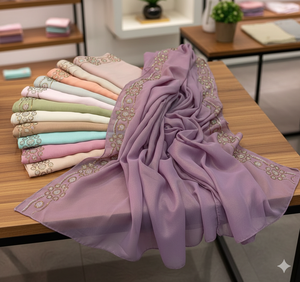 Colección Premium de Hijabs de Chifón con Intrincados Bordados Florales - Elegante Conjunto de Pañuelos Transparentes en Tonos Pastel y Tierra para Ocasiones Especiales - Product Image 2