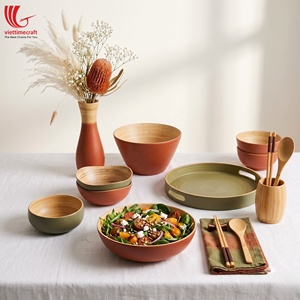 Ensemble de vaisselle en bambou Viettimecraft avec bols, tasses, plateau et vase aux tons terreux, réutilisable, lavage à la main uniquement - Product Image 4