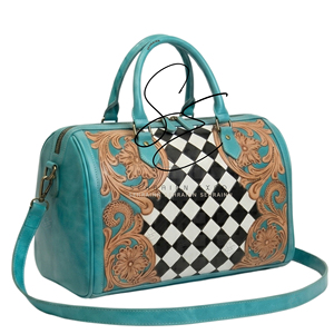 Bolso Boston de Cuero Turquesa con Diseño Western, Cierre de Cremallera, Estampado Floral Vintage, Bolso Speedy a Cuadros, Mini Bolso de Viaje - Product Image 2