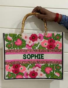 Bolso de mano elegante bohemio abierto para mujer, bolso grande para mujer con adornos de perlas y asas estilo Bambú - Product Image 3