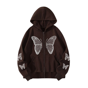 Sudadera Verde con Capucha y Cierre, con Estampado de Mariposas Brillantes, Unisex, Holgada, Informal, de Punto de Algodón, para Otoño - Product Image 5