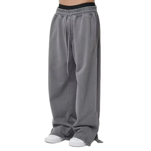 Men's Wide Leg Pants Elastic Waist 100% Cotton Casual Breathable Midweight Spring Style <b>Plain</b> Dyed Woven Trousers - Product Image 3