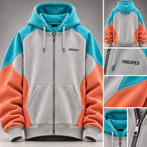 Men's Teal <b>Orange</b> Color Block Pullover <b>Hoodie</b> Fleece Oversized Eco-Friendly Rhinestone Streetwear Jacket Casual Sportswear - Product Image 6