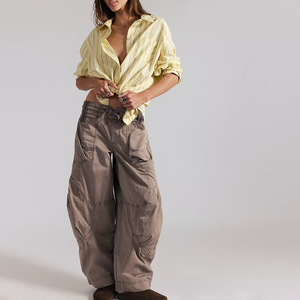 High Quality Women Mid Waist Loose Fit Cargo Pants Drawstring Closure <b>Balloon</b> Stripe Barrel Full Length Casual Summer Sweatpants - Product Image 1