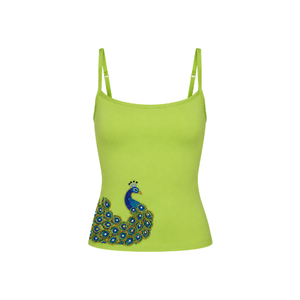 Lime Green Tank <b>Top</b> with Front <b>Beaded</b> Peacock Embroidery Casual Style Spring/Summer wear Breathable Women's Tank <b>Top</b> Daily Wear - Product Image 1
