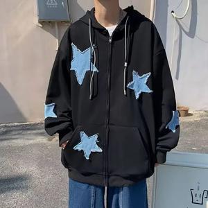 Sudadera con capucha negra personalizada con cremallera y parche de estrella vaquera, unisex, estilo urbano, de gran tamaño, de alta calidad, de algodón y forro polar, OEM - Product Image 2