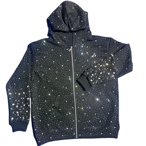 <b>Black</b> Mixed Rhinestone Crystal Cotton <b>Fleece</b> Full Zip Hoodies for Men Premium Streetwear Embellished Apparel Development - Product Image 1