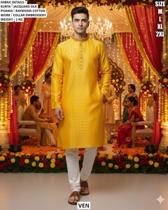 Nawab Classic Jacquard <b>Silk</b> Men's Floor-Length Traditional Pathani Set for Diwali & Wedding - Product Image 2