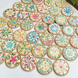 Rattan <b>Coasters</b> and place mats with mother of pearl inlay natural rattan and shell material for drink cup - Product Image 1