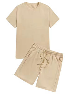 Conjunto Deportivo Unisex de Algodón de Color Sólido, Camiseta de Manga Corta con Pantalones Cortos con Cordón, Ropa Casual Transpirable de Verano, Corte Regular - Product Image 3