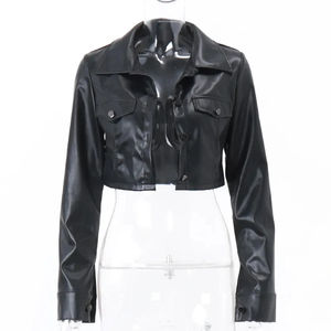 Veste en cuir PU américaine pour femme, noire, style streetwear, décontractée, à manches longues, boutonnée, coupe slim, Harajuku Y2K, sexy, coupe courte - Product Image 2