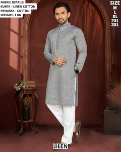 Ensemble Kurta Payama pour homme en coton avec broderie Chikankari, longueur au sol, séchage rapide, bleu clair et blanc, coupe classique, tenue décontractée traditionnelle indienne - Product Image 3
