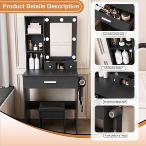 Toeletta Compatta in Stile Europeo con Specchio a Luci LED Regolabili, Presa di Corrente e Supporto per Asciugacapelli, Sgabello per Spazi Ridotti - Product Image 5