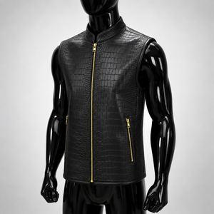 <b>Men's</b> Genuine Leather Crocodile Pattern Stand Collar <b>Vest</b> Biker Zipper Waistcoat - Product Image 2
